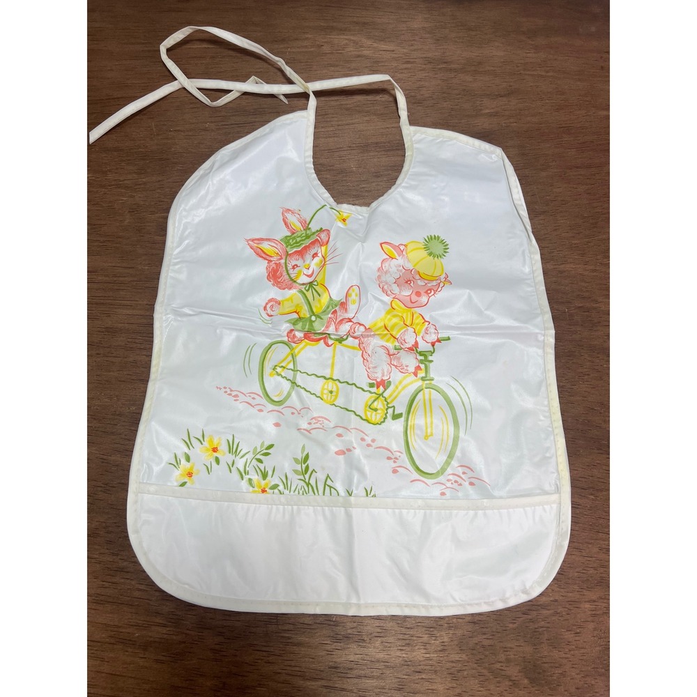 Vintage‎ Dorsey Vinyl Baby Bib Anthropomorphic Kitten Lamb Tandem Bicycle Retro